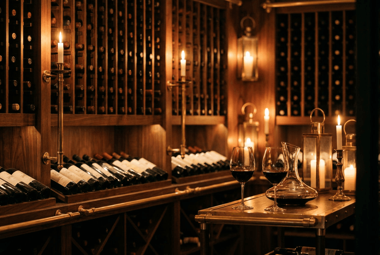 Bottiglie e calici in cantina