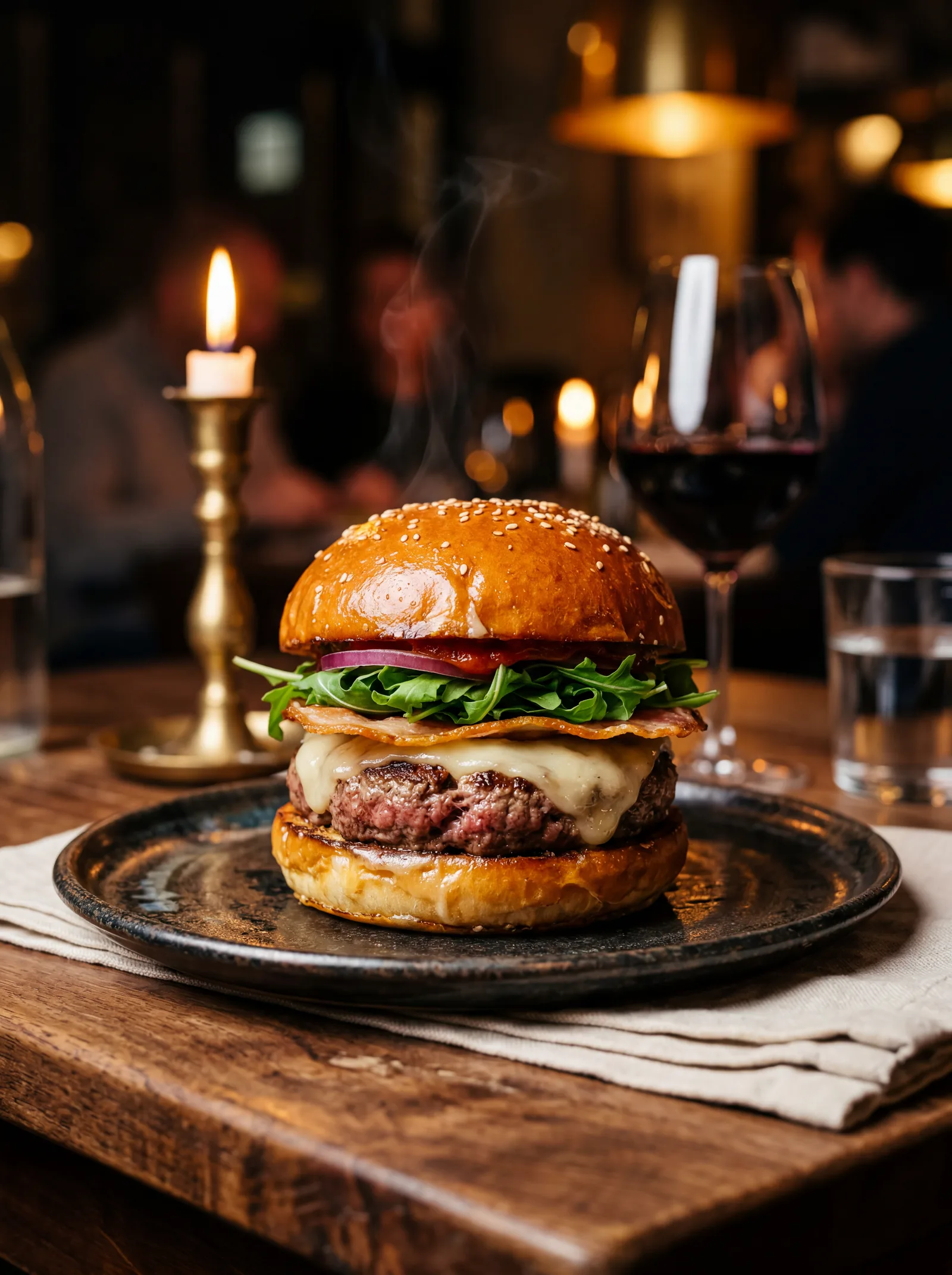 Il burger firma della Hosteria Moderna alla luce di candela