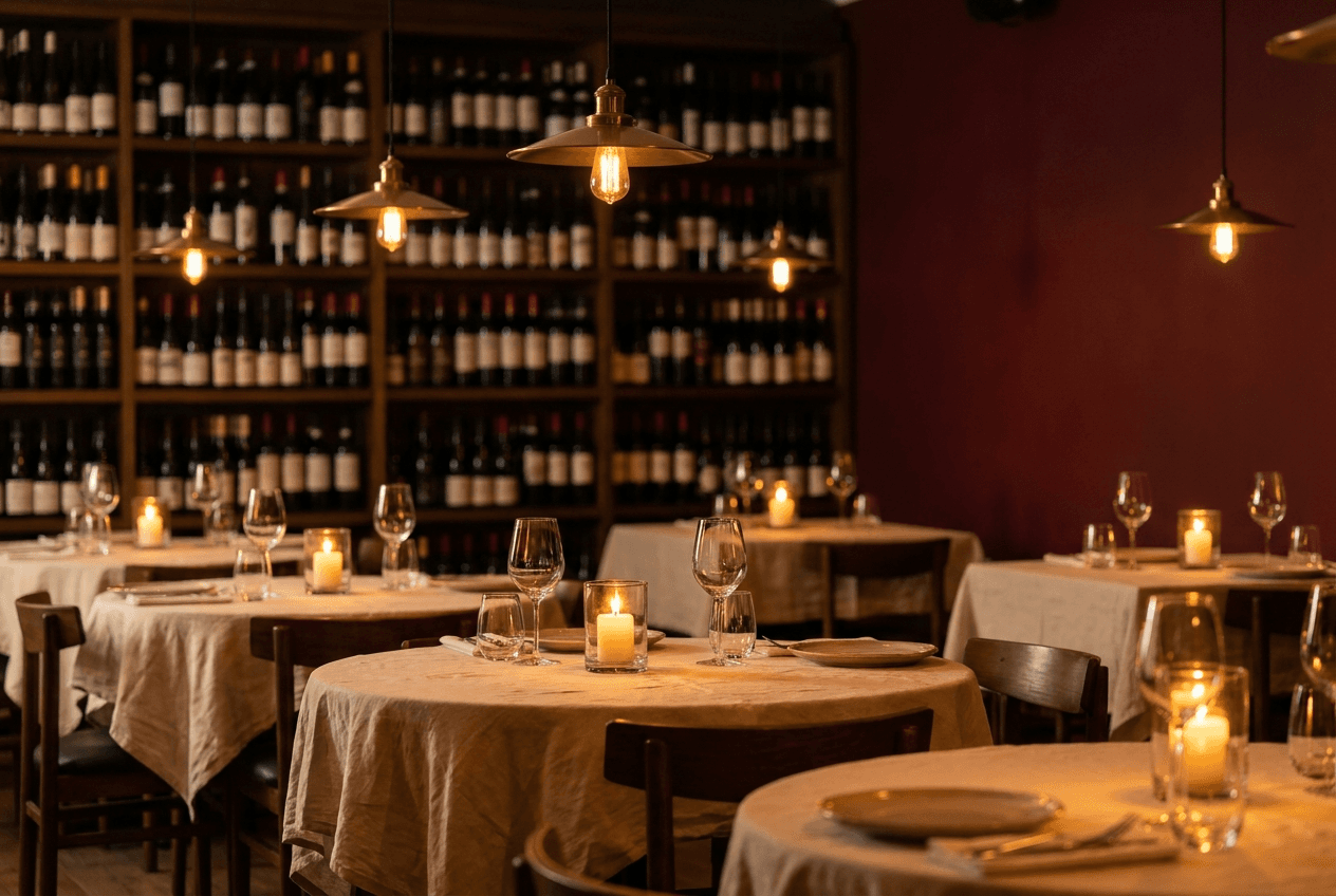 La sala della Hosteria Moderna, luce calda e parete dei vini